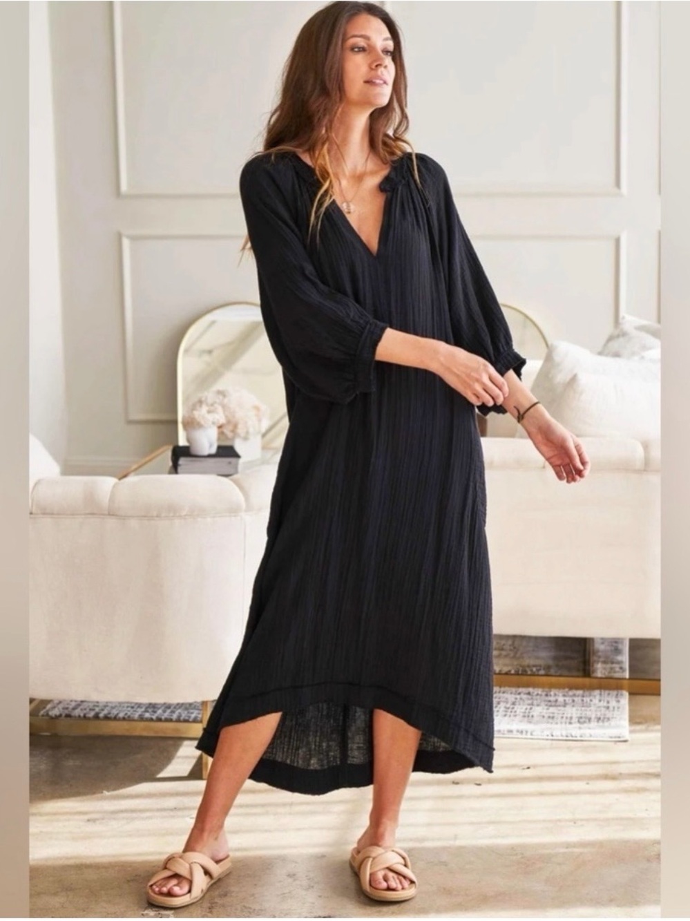 Black V-Neck High-Low Maxi Gauze Dress with Pockets